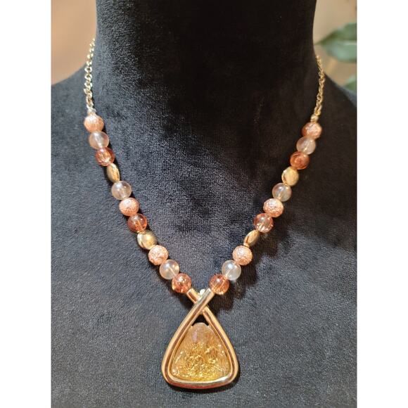 Women's Beaded Necklace With Golden Triangle Pendant And Lobster Clasp Lock - Picture 2 of 7